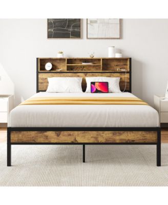 Metal Bed Storage Headboard Charging Station Bookcase