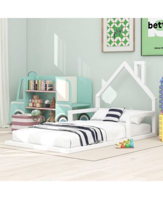  Wood Floor Bed House Shaped Headboard Chimney Pine Wood MDF