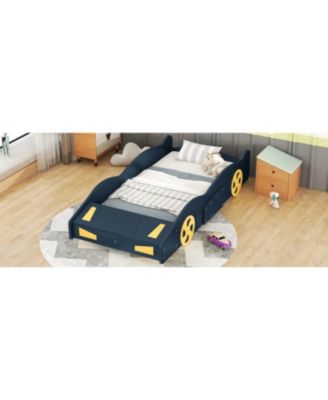 Race Car Shaped Platform Bed Dark Wheels Storage Pine Wood