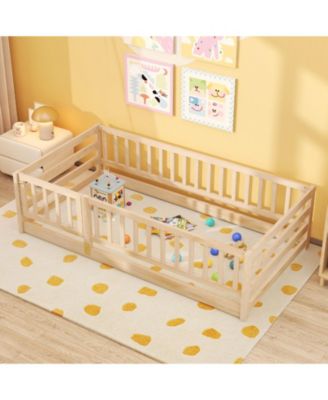 Twin Floor Bed with High Fence and Door Playhouse Design