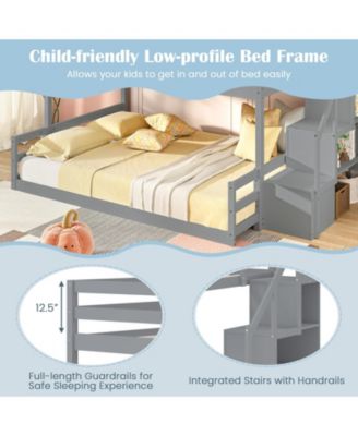 Solid Wood Twin Over Full Low Bunk Bed with Storage Stairs