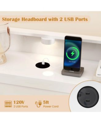 Bed Frame with Storage Headboard USB Ports and LED Lights