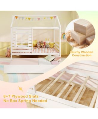 Wooden Platform House Bed with Trundle and Roof