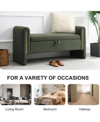 Upholstered Storage Ottoman, Modern Teddy End of Bed Bench, Window Storage Stool with Arms for Living Room, Bedroom