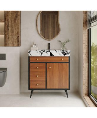 29.9" Freestanding Bathroom Vanity with Stone Gray Sintered Stone Top, Ceramic Sink, Soft Close Drawers & Storage Cabinet