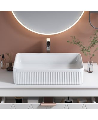 20.1" White Rectangular Ceramic Vessel Sink, Modern Drop-In Bathroom Basin with Vertical Stripe, Contemporary Style