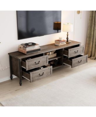  70 Inch Mid-Century Modern TV Stand with Storage, Featuring Metal Roman Columns and Drawer, TV Console Table for Living Room