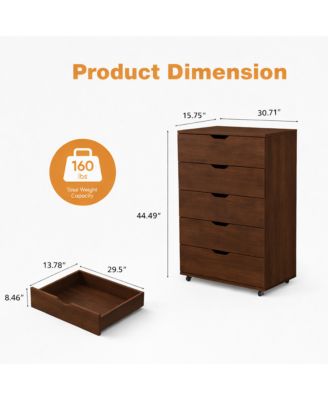 Sturdy 5 Drawer Dresser on Wheels Mobile Storage Cabinet 30.71W 15.75D 44.49H for Bedroom Closet