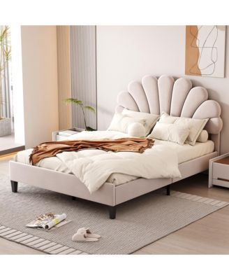 Upholstered Platform Bed Flower Pattern Velvet Headboard No Box Spring Needed
