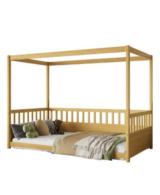 Wooden Canopy Floor Bed With Guardrails Four Poster Design For Kids