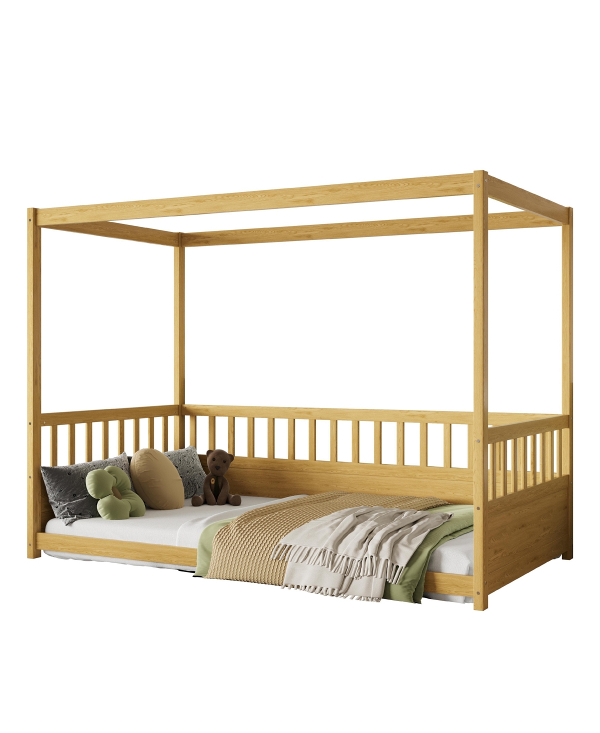flynama Wooden Canopy Floor Bed With Guardrails Four Poster Design For Kids