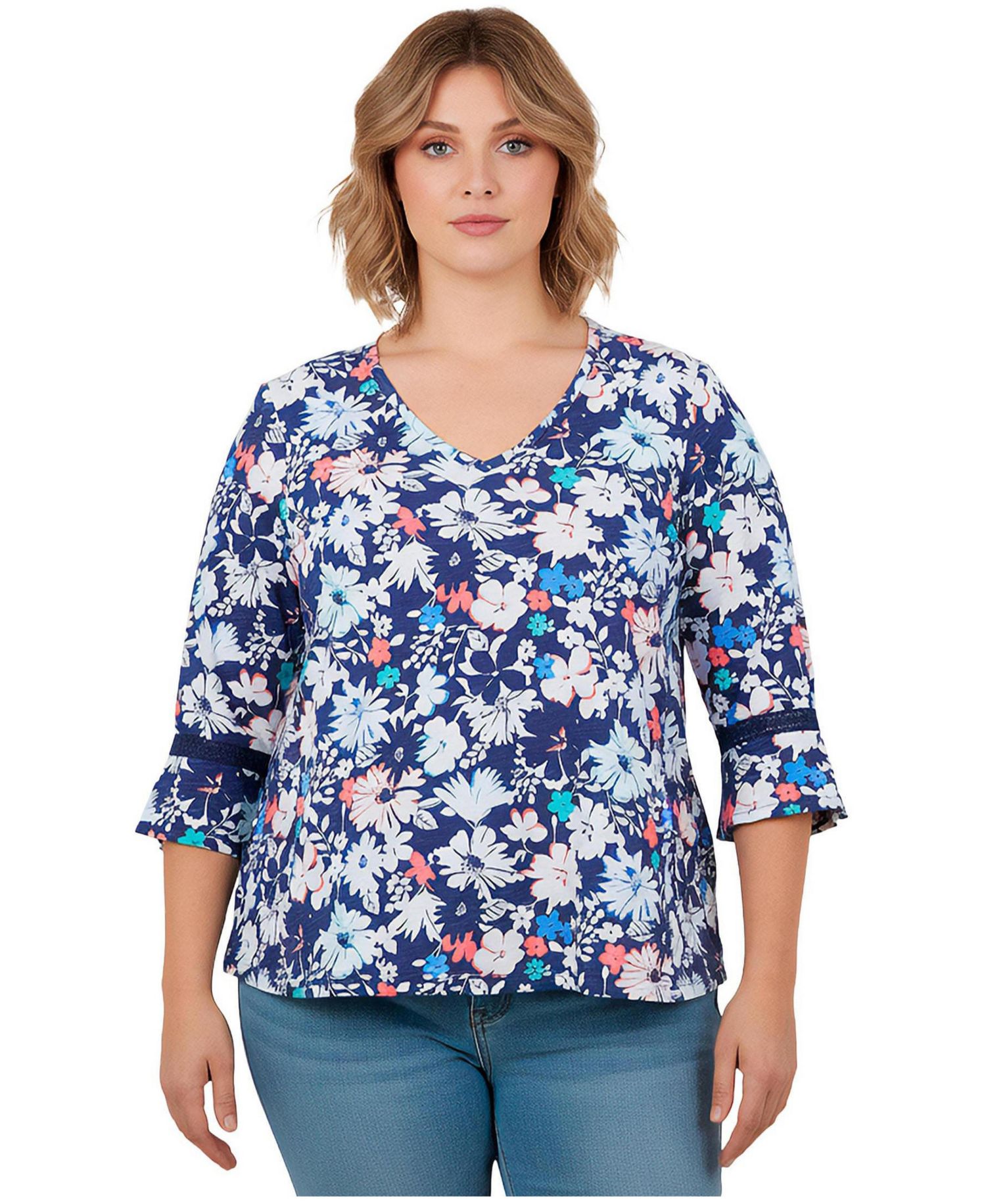 Plus Size Crochet Trim Ruffle Sleeve Women's Top