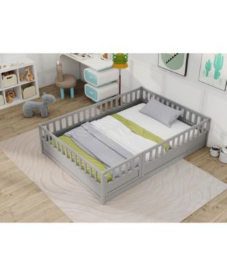 Montessori Wooden Floor Bed With High Security Barrier And Door For Kids Bedroom