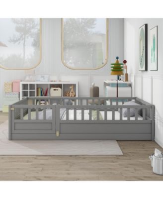 Montessori Wooden Floor Bed With High Security Barrier And Door For Kids Bedroom