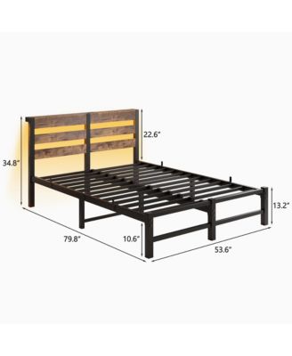 Metal Bed Wooden Headboard RGB Lights Charger Storage
