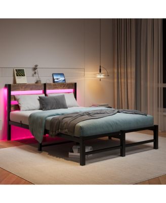 Metal Bed Wooden Headboard RGB Lights Charger Storage