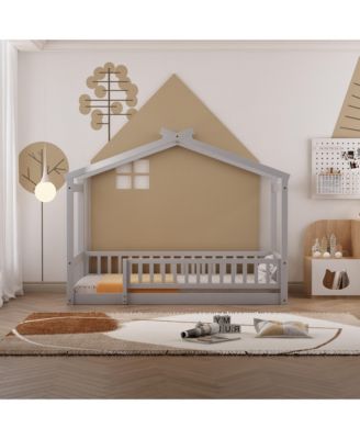 Wood House Bed Roof Fence Pine Wood Frame 7 Slats Kids Teens