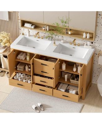 59.3" Brown Modern Wood Solid Wood MDF Double Sink Vanity With Dual SMC Sinks, 4 Doors 5 Drawers Soft-Close