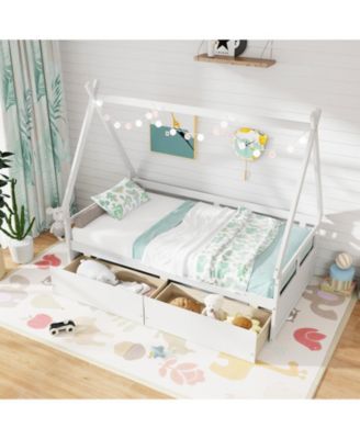 Twin Size House Bed with Roof Design and Safety Guardrails