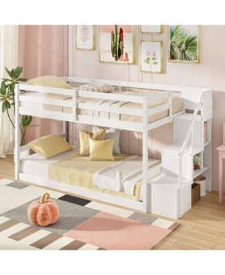 Twin Over Twin Low Bunk Bed with Storage Stairs Solid Wood