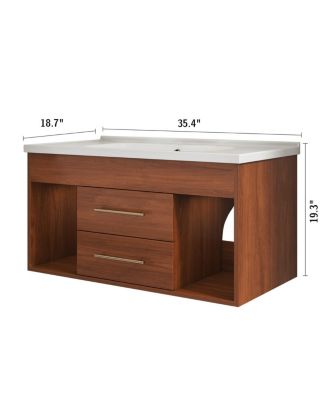 35.4" Mid-Century Wall Mounted Bathroom Vanity with Integrated Ceramic Sink, Walnut Solid Wood, Soft Close Drawers, Open Shelves