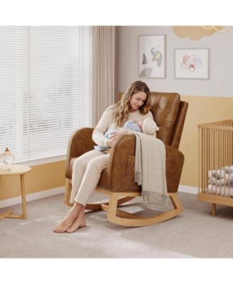 High Backrest Rocking Chair, Modern PU Leather Upholstered, Wood Legs, Lounge for Living Room, Bedroom
