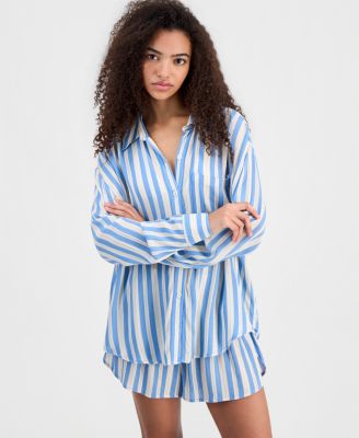Juniors' Button-Down Striped Crinkle Gauze Cover-Up Shirt