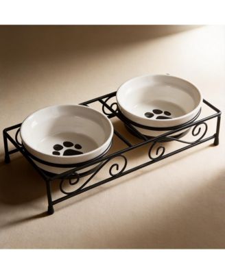 Ceramic Pet Bowl Set with Metal Stand Paw Print Design Dishwasher Safe