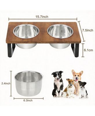 Elevated Dog Bowl Stand with 2 Stainless Steel Bowls Tilted Wood Metal Joint Strain Relief Non-slip