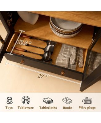 Arched Glass Door Sideboard Cabinet, 71” Tall Wood Display Cabinet with Drawer and Invisible Lock, Bookshelf for Living Room, Office, Entryway