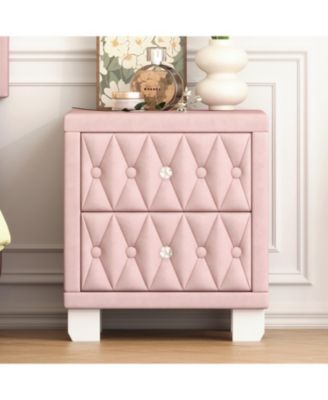 Elegant Velvet Nightstand with 2 Drawers Crystal Handle Button Tufted Bedroom Storage Table