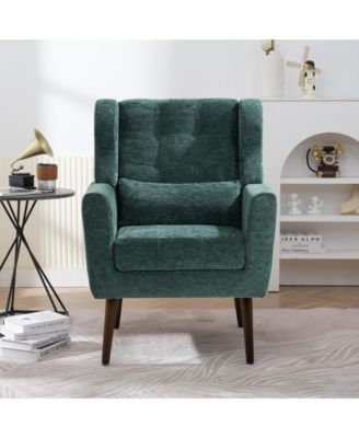 Chenille Accent Chair, Modern Upholstered Armchair with Waist Pillow and Tapered Wooden Legs for Living Room, Small Space