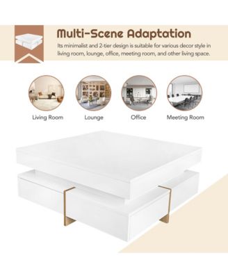 Modern High Gloss Coffee Table, Multi-Storage Square Center Table with 4 Drawers and Wood Grain Legs for Living Room