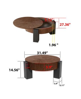 Round Coffee Table with Hidden Storage - Wood Parquet Veneer Top Table, 3 Block Legs, Center Accent Table for Living Room.