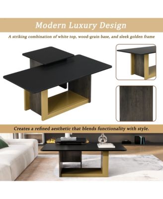 Nesting Coffee Tables Set of 2, Small Square Coffee End Table, Wood Look Center Table with Metal Frame for Living Room.