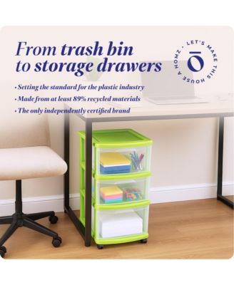 Plastic 3 Drawer Medium Storage Container Tower, Clear Drawers/Lime Frame