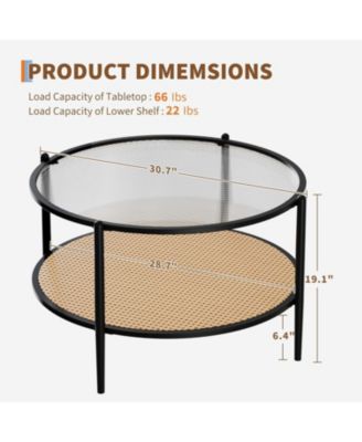 “30″ Rattan Coffee Table, 2 Tier Round End Table with Water Wave Glass & Storage – Modern”