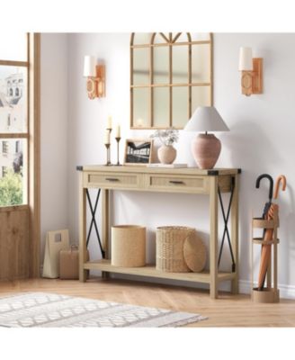 Farmhouse Entryway Console Table with Rattan Drawers, Sofa Table with Storage for Living Room, Hallway, Entryway