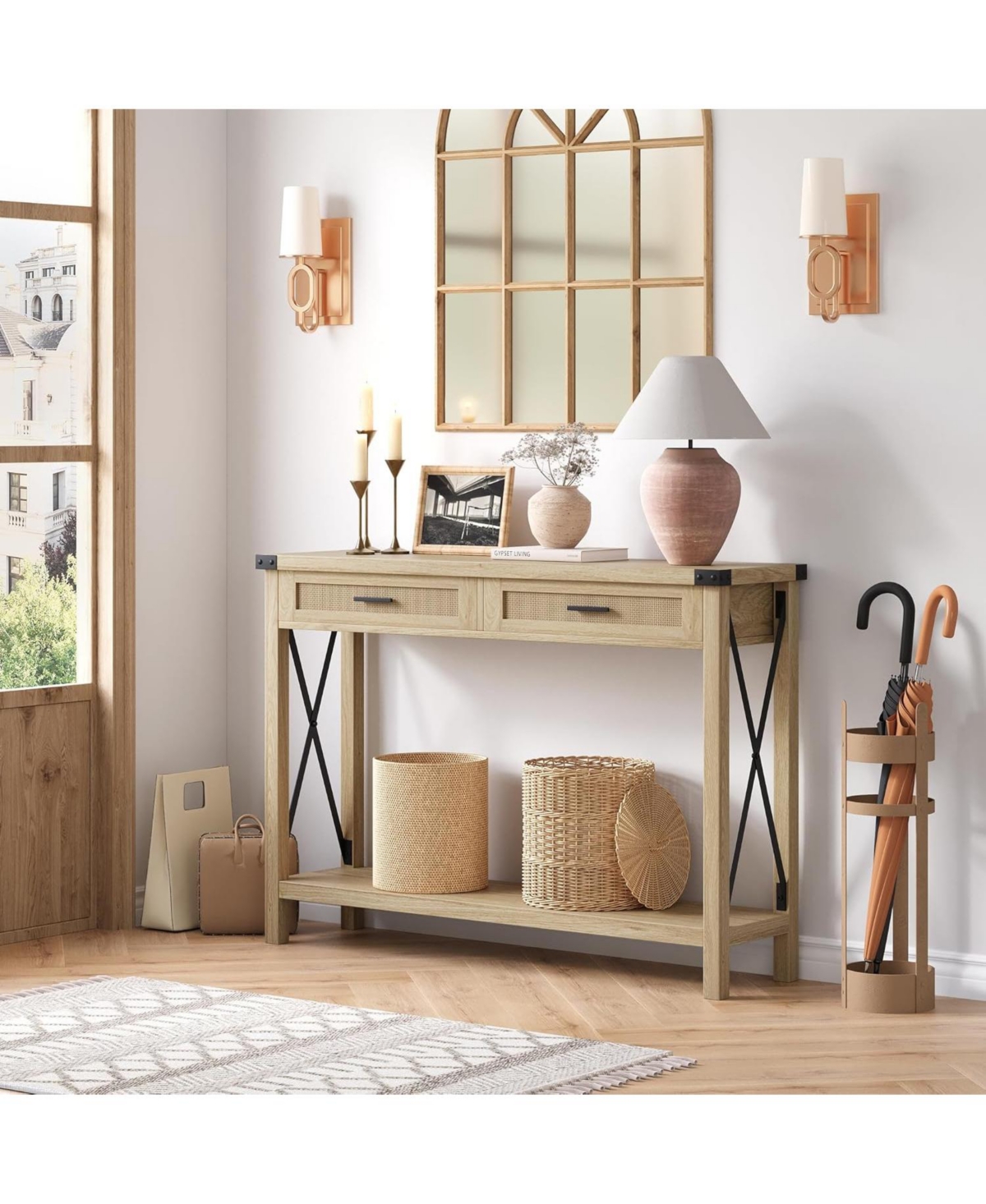 gaomon Farmhouse Entryway Console Table with Rattan Drawers, Sofa Table with Storage for Living Room, Hallway, Entryway