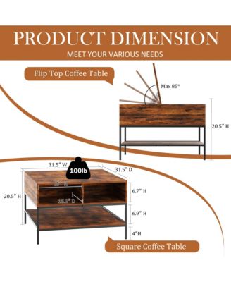 Flip-Top Coffee Table - Farmhouse Center Table with Hidden Compartment and Shelves for Living Room