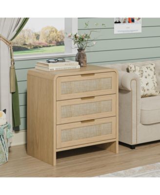 Stylish Rattan Nightstand with 3 Drawers Finish Bedroom Living Room Storage Table