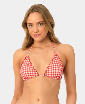 Women's Gingham Lettuce Edge Trim Swim Bikini Top