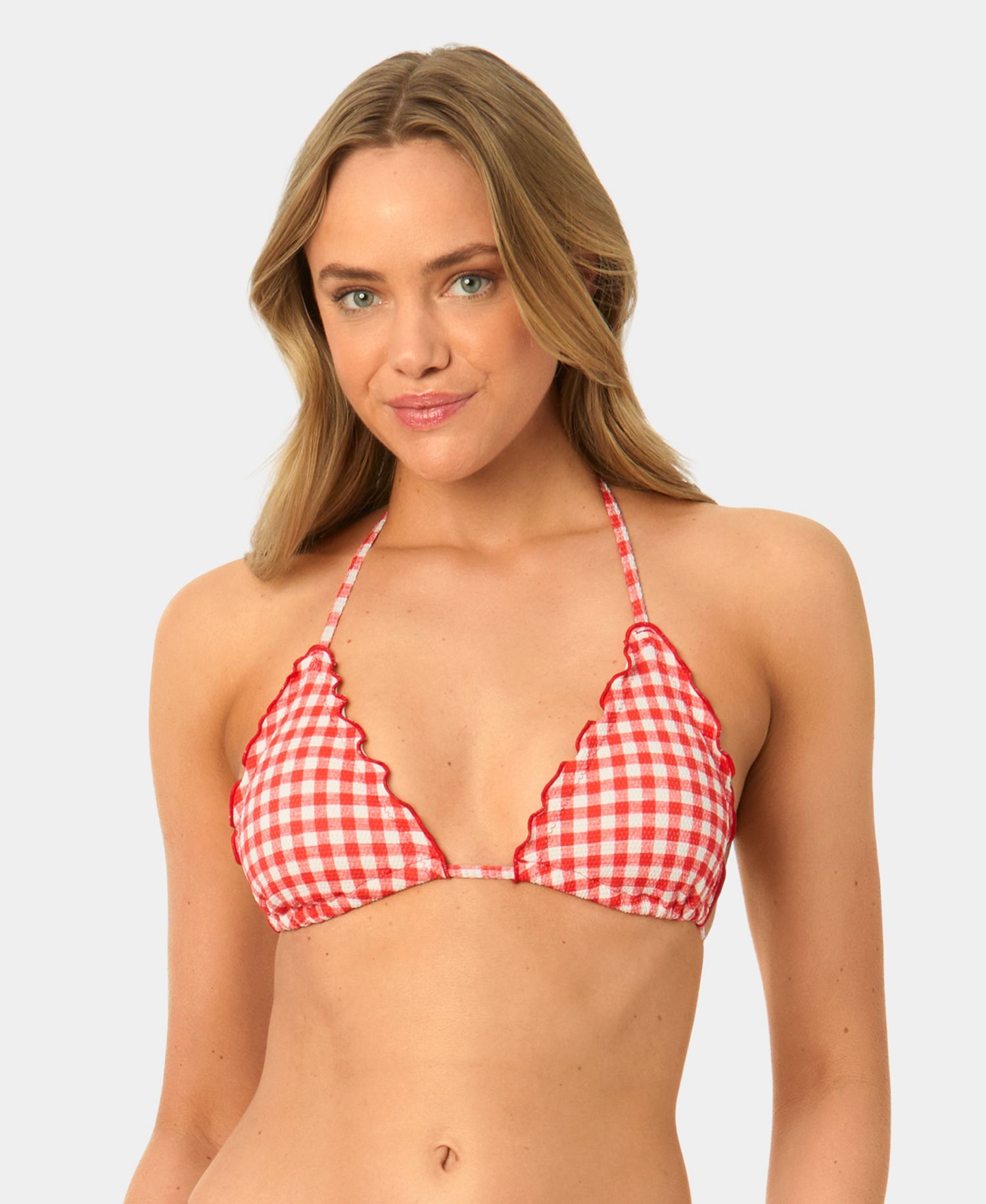 Women's Gingham Lettuce Edge Trim Swim Bikini Top