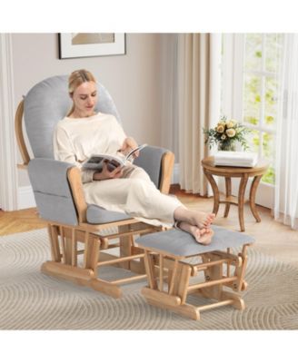 Wood Glider and Ottoman Set with Padded Armrests and Detachable Cushion