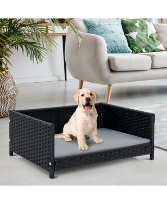 Rattan Dog Bed w/ Waterproof Soft Cushion Metal Frame for Medium Small Dogs Cats