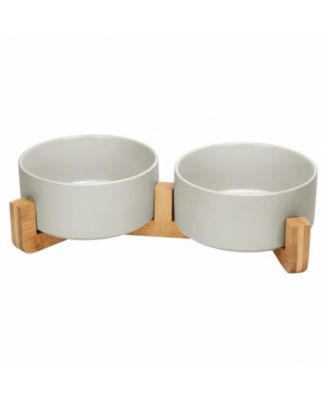 Ceramic Dog Cat Bowl Set with Wooden Stand Modern Weighted Food Water