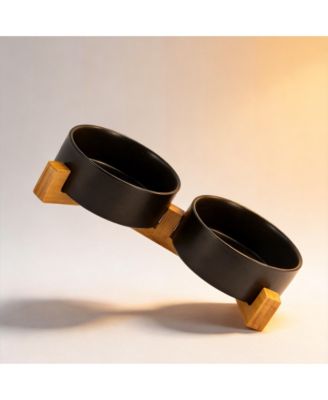 Ceramic Dog Cat Bowl Set with Wooden Stand Modern Weighted Food Water