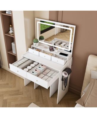 Large Mirror Makeup Vanity Set with Power Outlet Hair Dryer Holder 5 Drawers 3 Lighting Modes Dressing Table for Bedroom