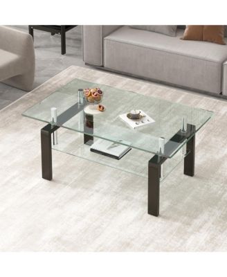 Rectangle 2-Tier Glass Coffee Table, Modern Small Center Table with Storage and Metal Legs for Living Room, Home Office