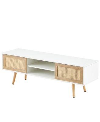 Rattan Coffee Table - Double Sliding Doors for Storage, Adjustable Shelf, Solid Wood Legs for Living Room